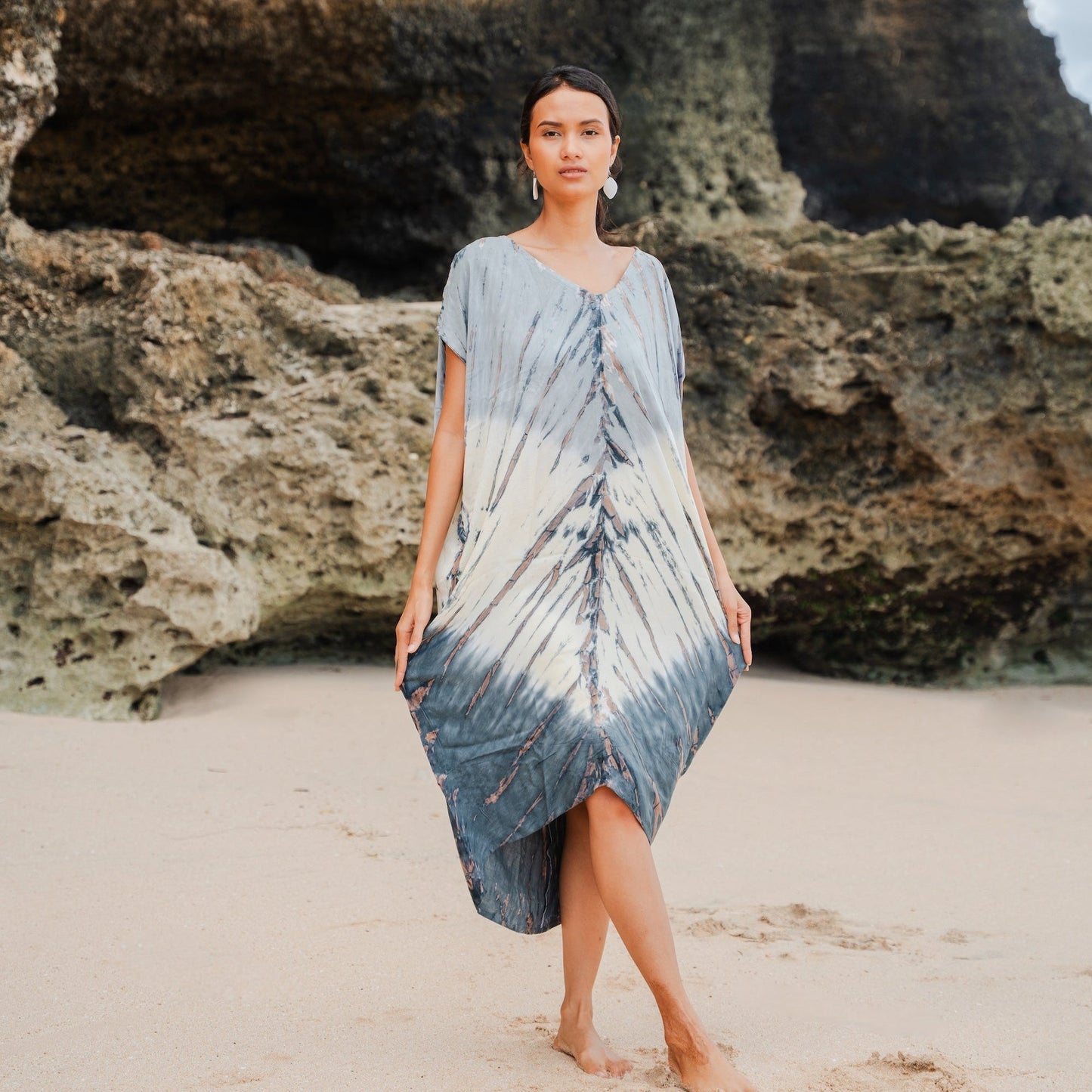 Tie Dye Lapis Ombre Kaftan Dress - Cream & Grey