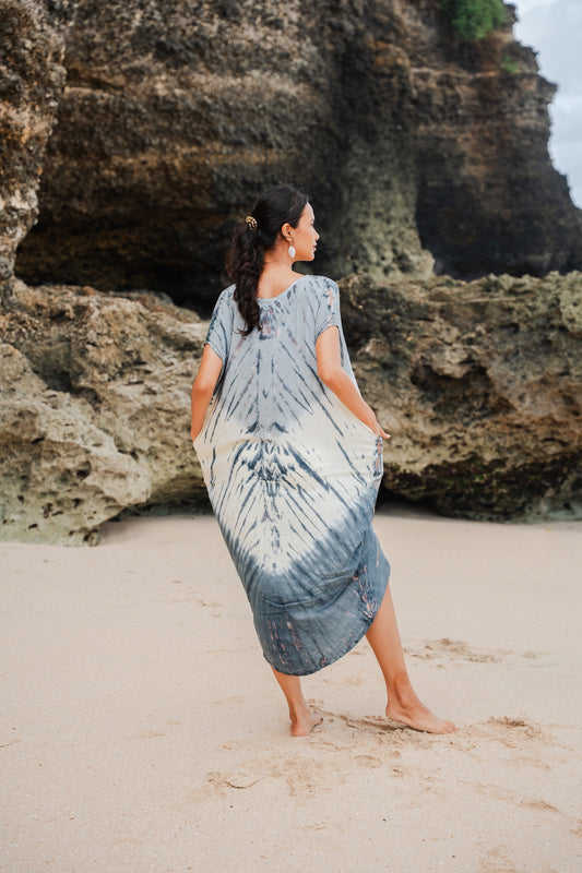 Tie Dye Lapis Ombre Kaftan Dress - Cream & Grey