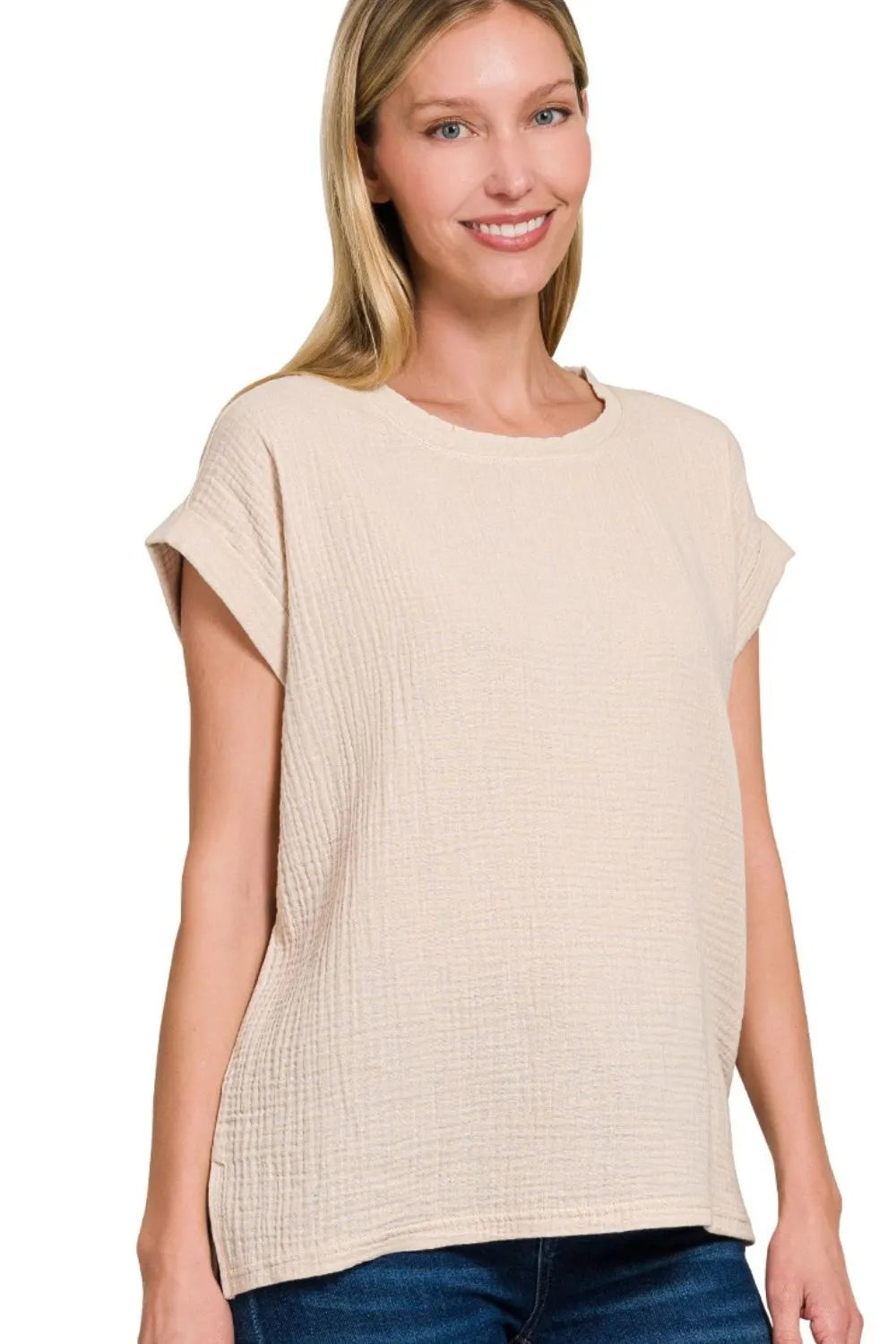 Zenana Double Gauze Round Neck Folded Short Sleeve Top - Velora Luxury Fashion
