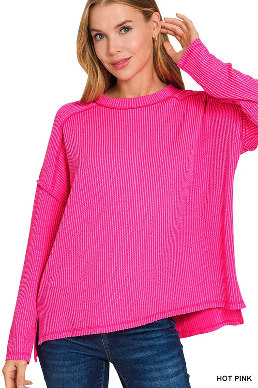 Zenana Exposed Seam Long Sleeve Corded Rib Knit Top - Velora Luxury Fashion