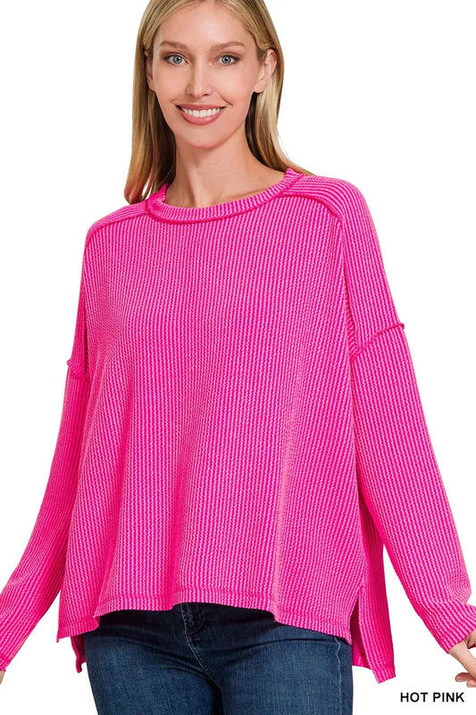 Zenana Exposed Seam Long Sleeve Corded Rib Knit Top - Velora Luxury Fashion