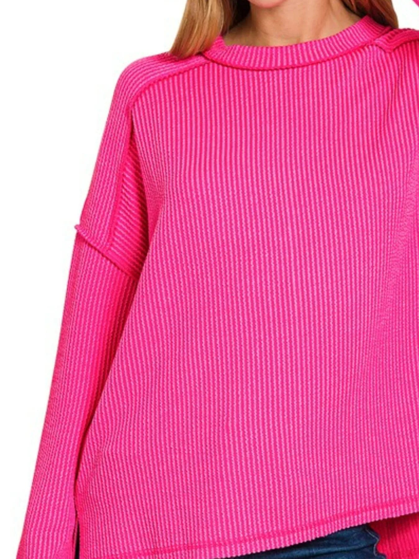 Zenana Exposed Seam Long Sleeve Corded Rib Knit Top - Velora Luxury Fashion