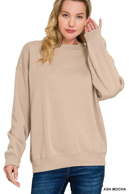 Zenana Fleece Crewneck Long Sleeve Sweatshirt - Velora Luxury Fashion