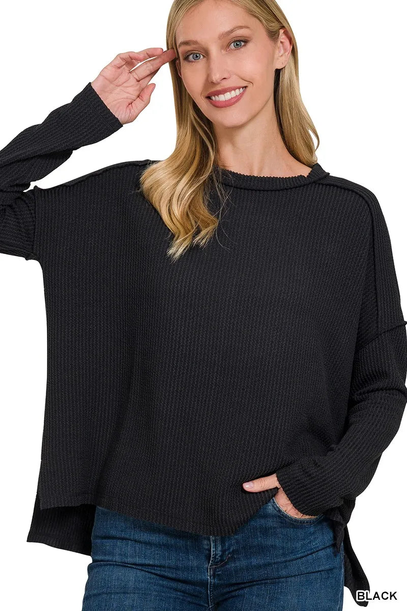 Zenana Full Size Exposed Seam Long Sleeve Corded Rib Knit Top Plus Size - Velora Luxury Fashion