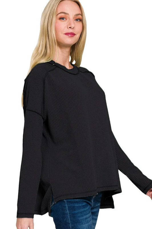 Zenana Full Size Exposed Seam Long Sleeve Corded Rib Knit Top Plus Size - Velora Luxury Fashion