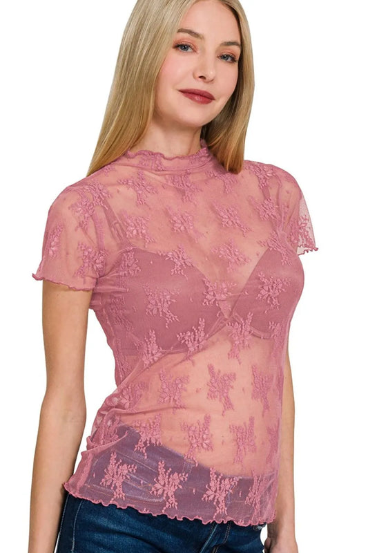 Zenana Lace See-through Layering Short Sleeve Top - Velora Luxury Fashion