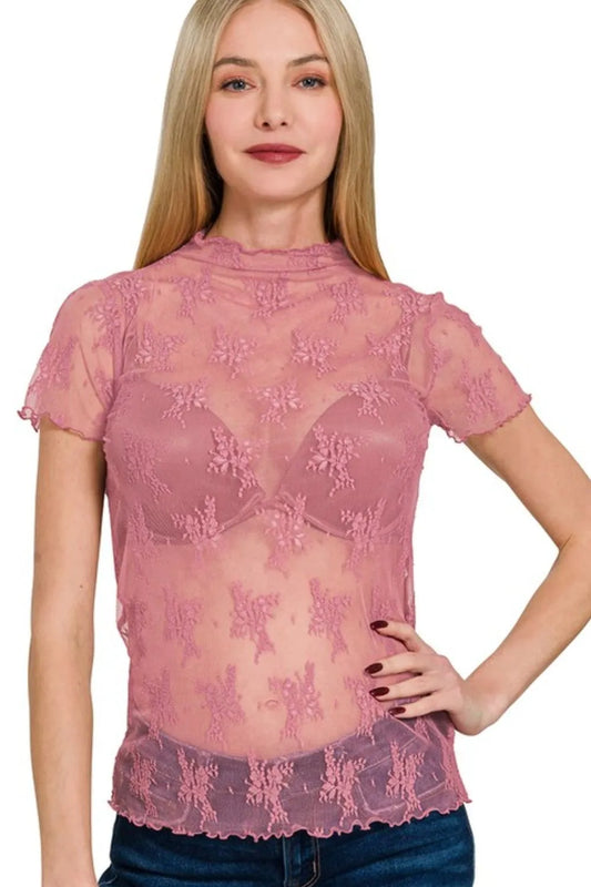 Zenana Lace See-through Layering Short Sleeve Top - Velora Luxury Fashion