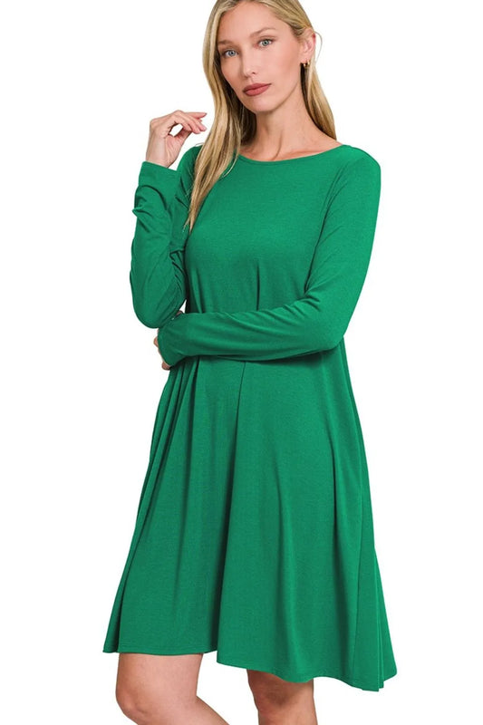 Zenana Long Sleeve Flare Dress With Pockets - Velora Luxury Fashion