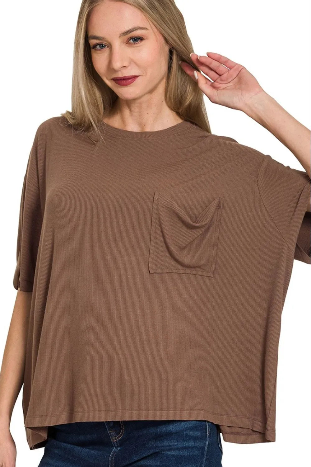 Zenana Oversized Ribbed Round Neck Short Sleeve Tee - Velora Luxury Fashion