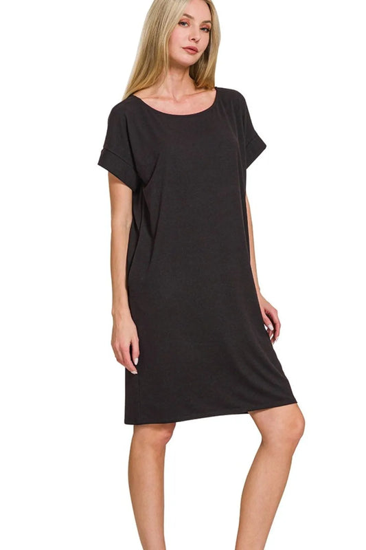 Zenana Rolled Short Sleeve Round Neck Dress - Velora Luxury Fashion