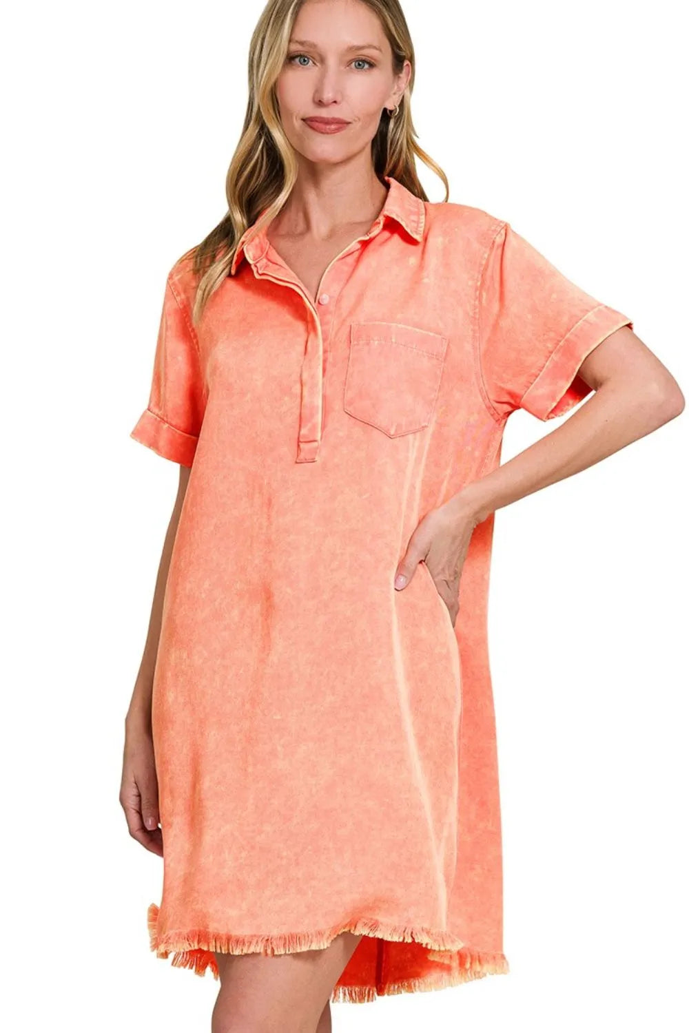 Zenana Tencel Mineral Washed Collared Shirts Dress - Velora Luxury Fashion