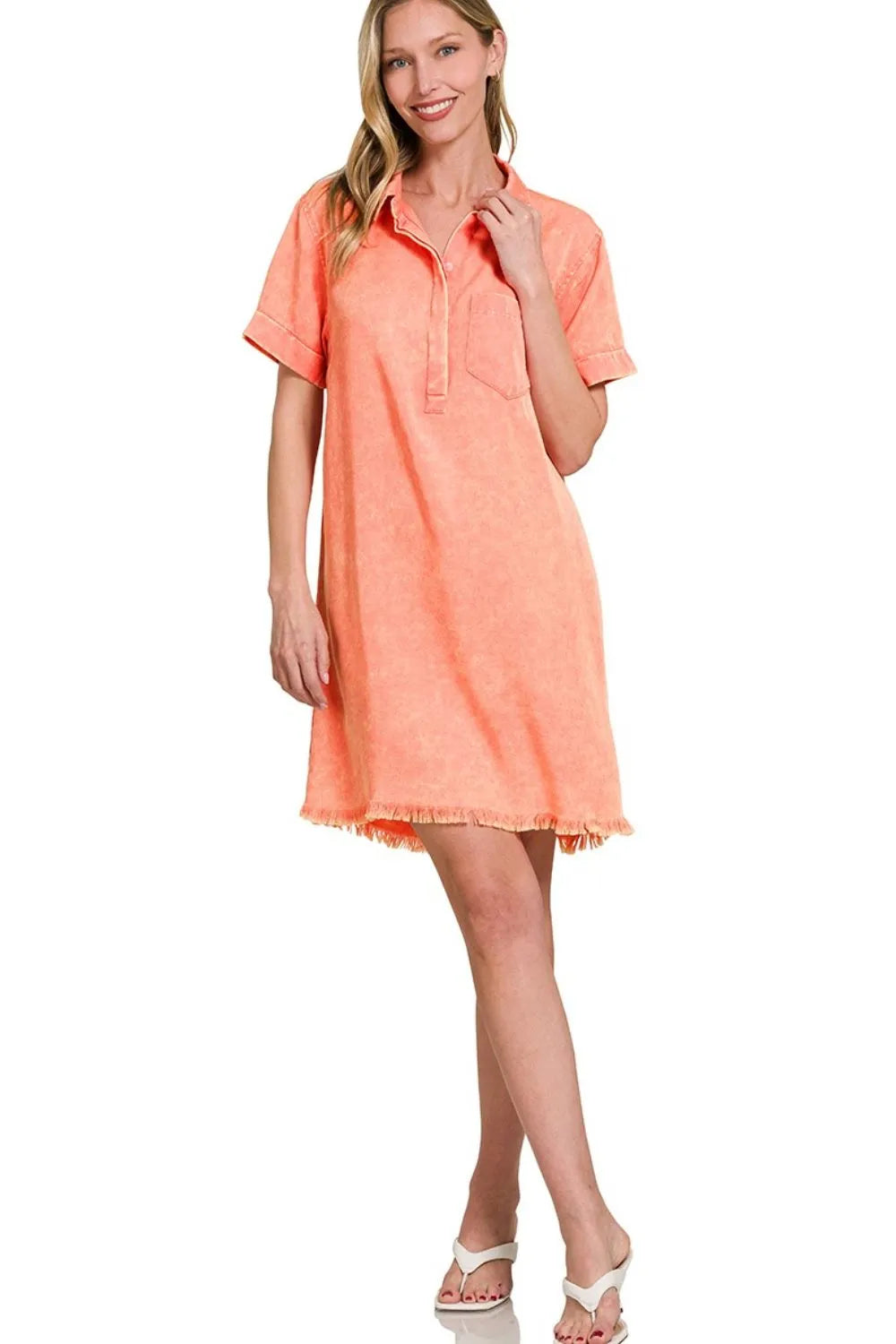 Zenana Tencel Mineral Washed Collared Shirts Dress - Velora Luxury Fashion