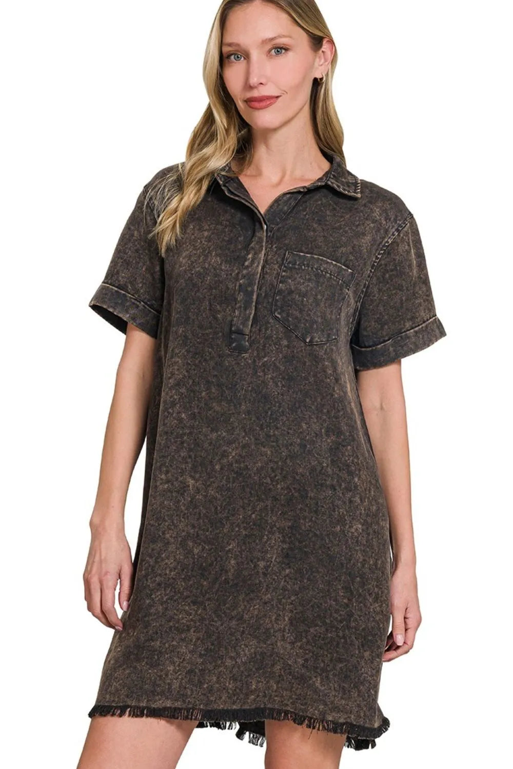 Zenana Tencel Mineral Washed Collared Shirts Dress - Velora