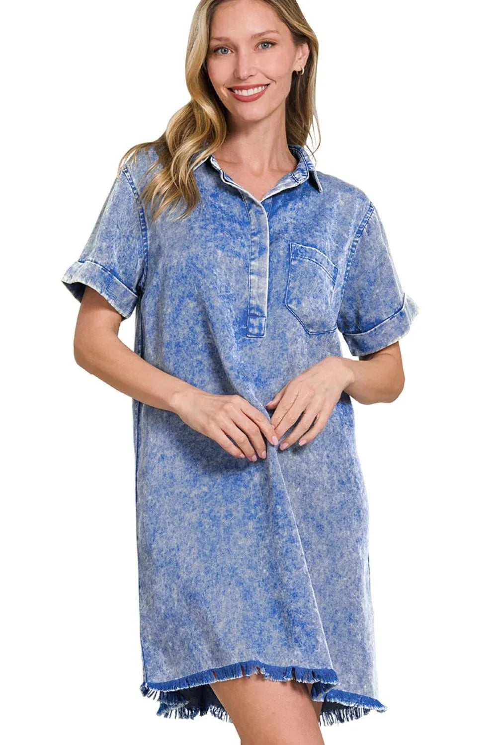 Zenana Tencel Mineral Washed Collared Shirts Dress - Velora Luxury Fashion