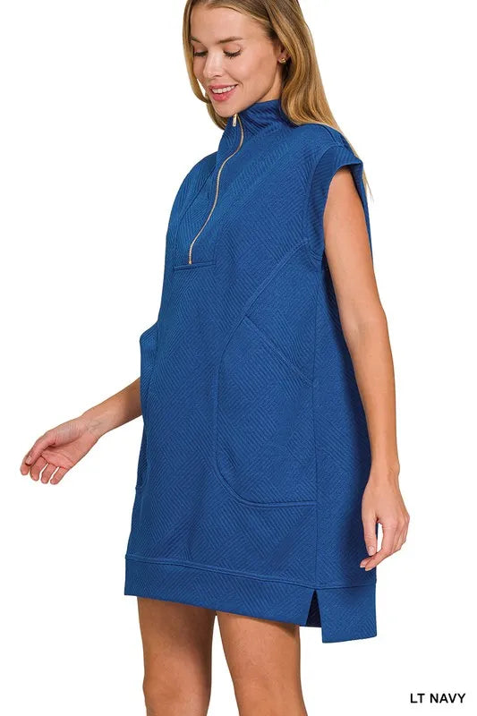 Zenana Textured Knit Jacquard Quarter Zipper Mini Dress - Velora Luxury Fashion