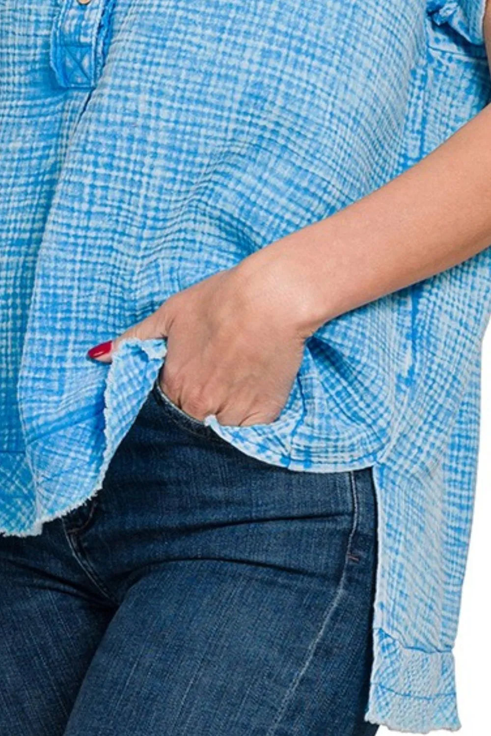 Zenana Washed Double Gauze 3/4 Button Henley Neck Shirt - Velora Luxury Fashion