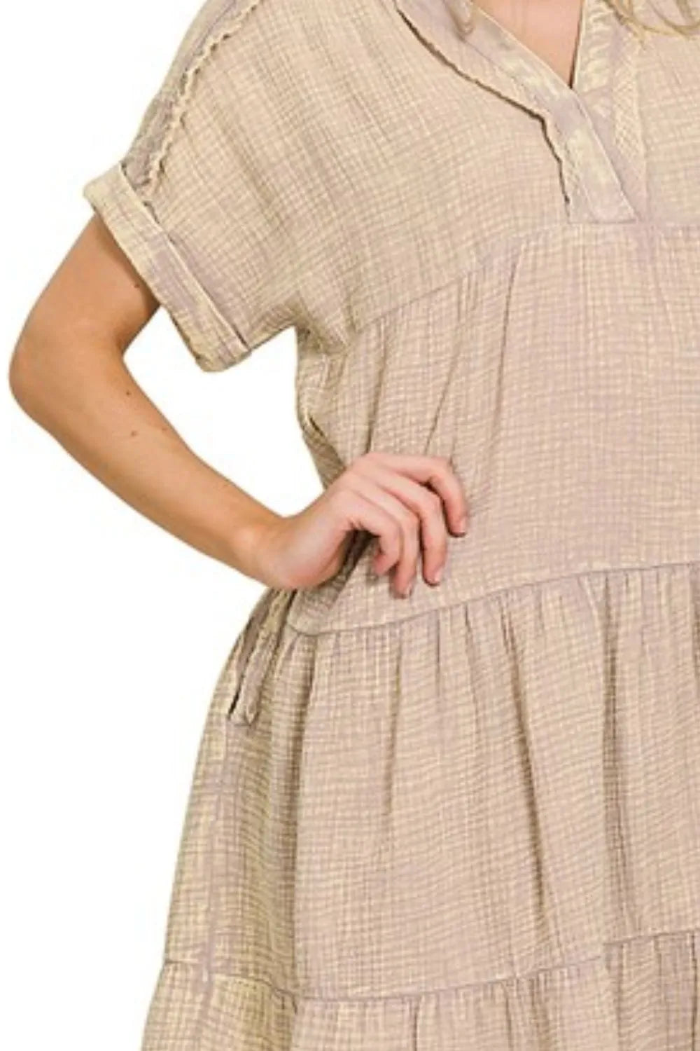 Zenana Washed Double Gauze Raw Edge Notched Dress - Velora Luxury Fashion