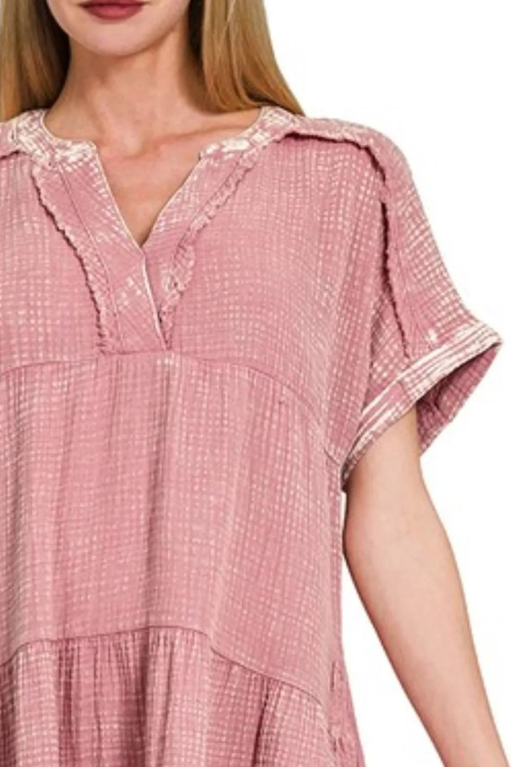 Zenana Washed Double Gauze Raw Edge V-Neck Dress - Velora Luxury Fashion