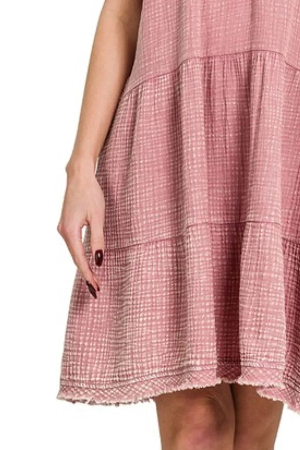 Zenana Washed Double Gauze Raw Edge V-Neck Dress - Velora Luxury Fashion