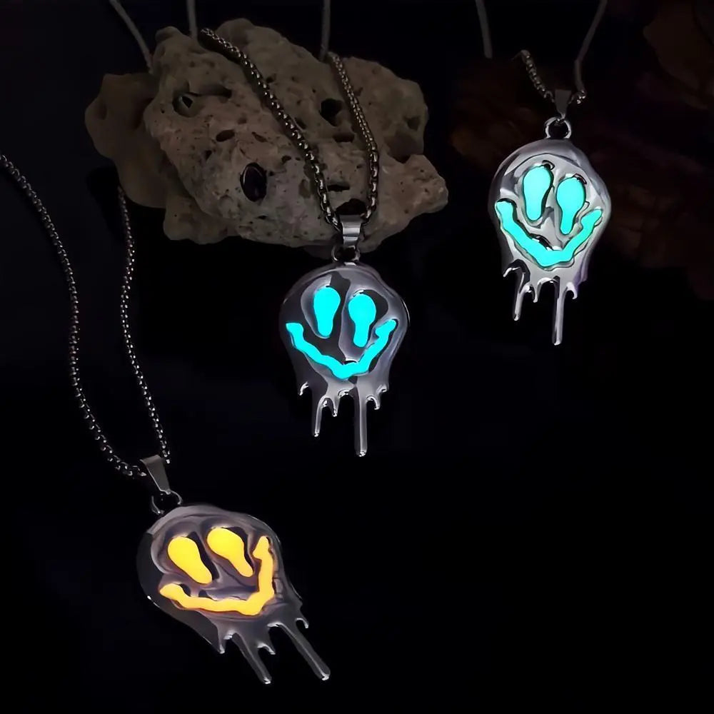 Zinc Alloy Noctilucent Necklace Halloween Ghost Glowing Grimace Pendant - Velora