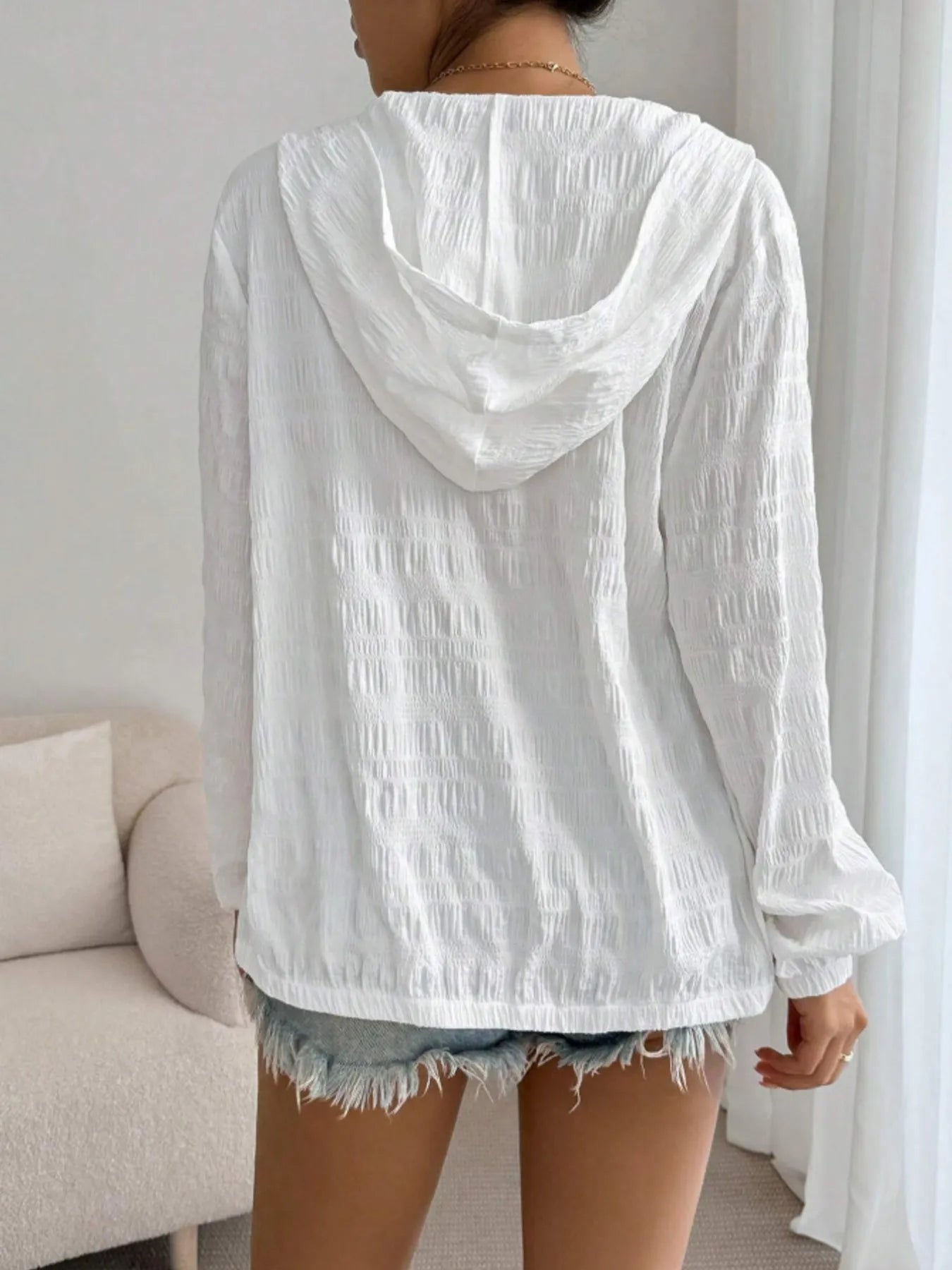 Zip Up Long Sleeve Hooded Outerwear - Velora Luxury Fashion