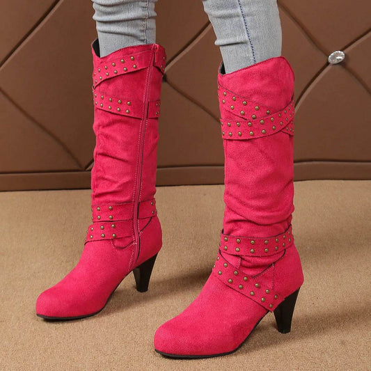 Fashion High Heel Boots With Cross-strap Rivet Design Retro V-cut Western Cowboy Boot Casual Zipper Shoes For Women - Velora