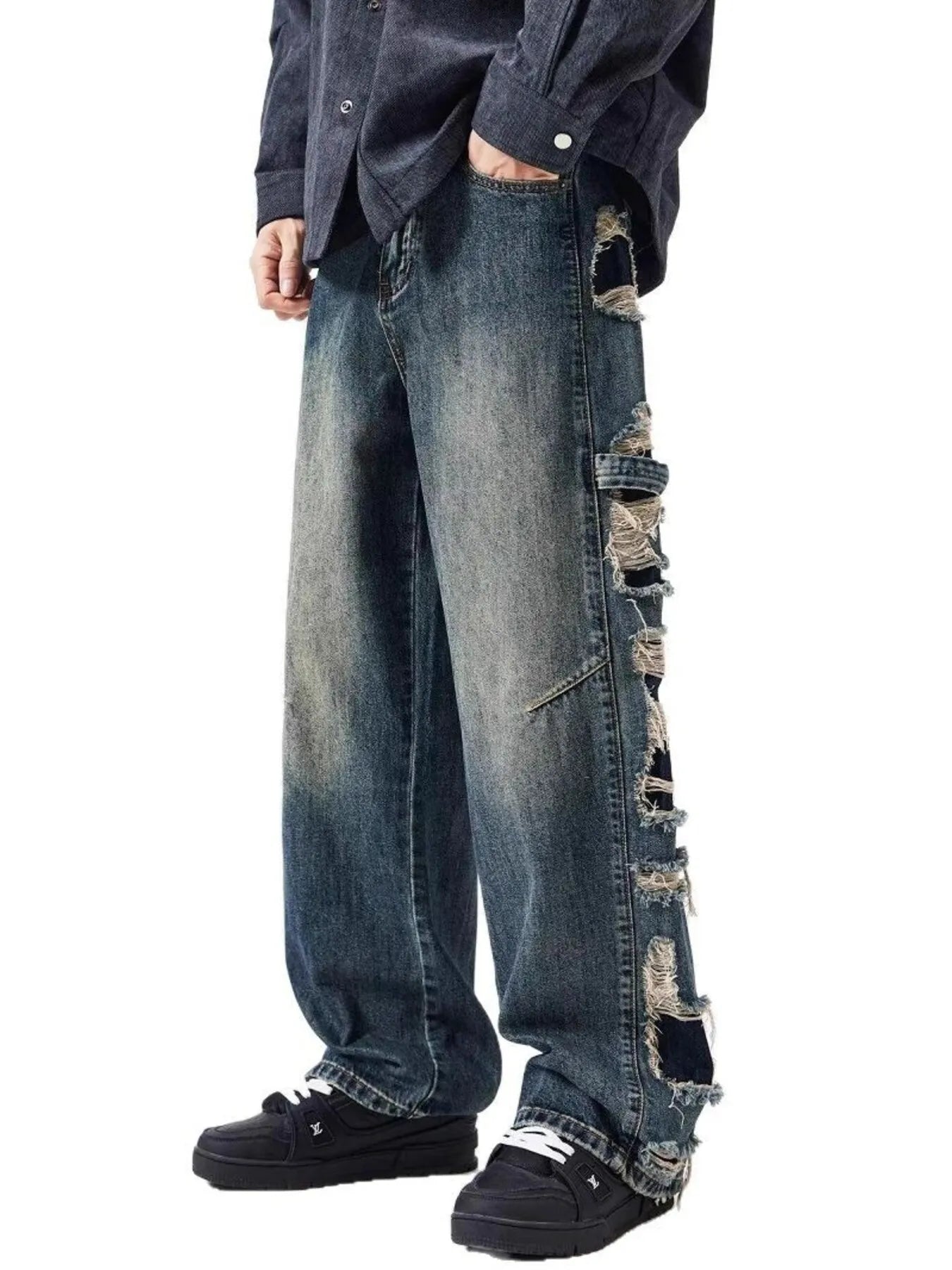 Men's Full Size Distressed Wide Leg Baggy Jeans Plus Size - Velora