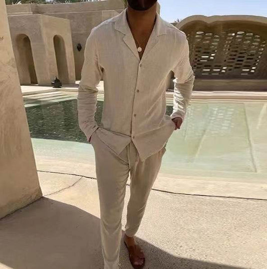 Casual Long-sleeved Suits Fashion Lapel Single-breasted Shirt Top And Slim-fit Trousers Men Clothing - Velora