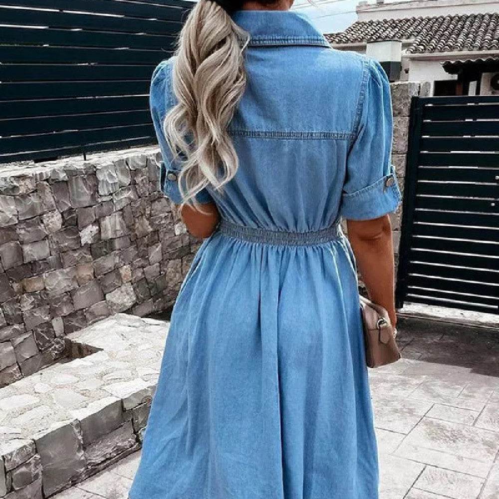 Women's Fashion Casual short sleeve button down Denim midi Dress - Velora