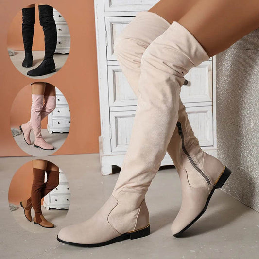 Fashion Over-the-knee Boots For Women Suede Stitching Low-heeled Long Boots With Side Zipper Design Party Shoes Winter - Velora