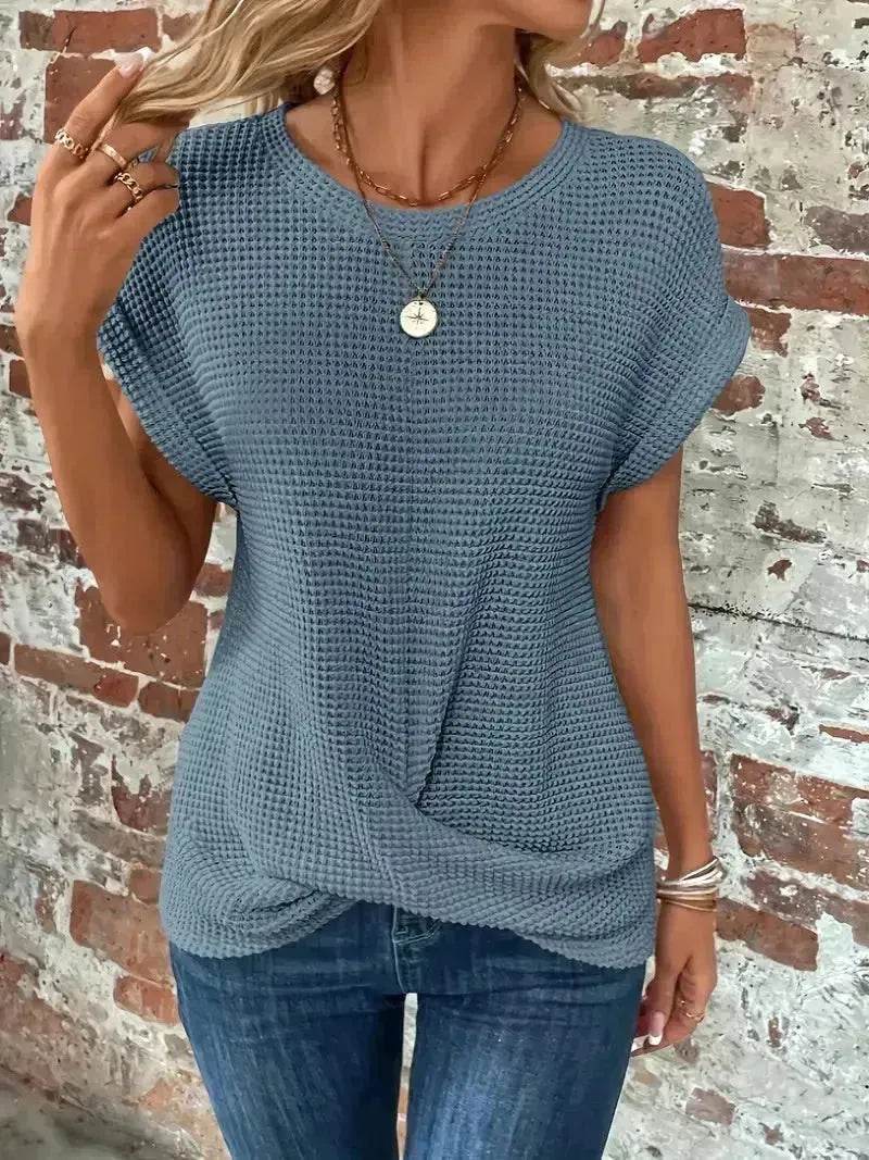 Casual Summer Short-sleeved Waffle blouse Top Summer New Solid Color Casual Evening Top For Women - Velora