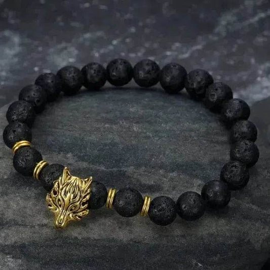 Asgard Crafted Grey Wolf Head And Lava Stone Bracelet - Velora