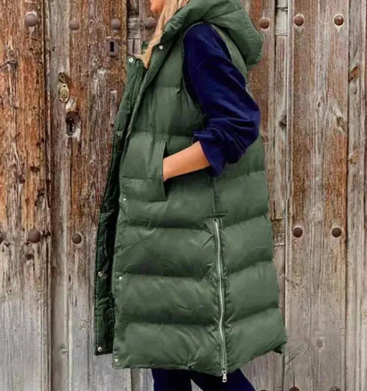 Pure Color Hooded Long Cotton Quilted Puffer Vest Casual - Velora