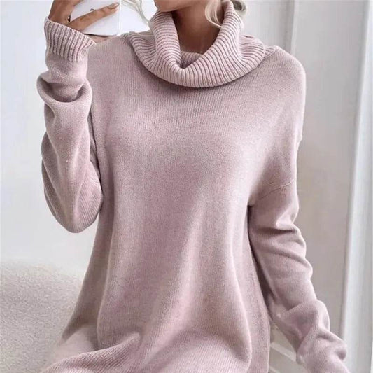 Autumn Winter Solid Cashmere Loose Mini Turtleneck sweater Dress - Velora