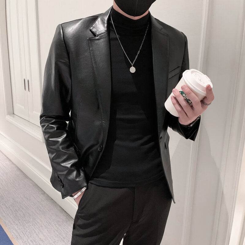 New Polo Collar Solid Color Leather Jacket Korean Slim PU Leather Jacket Jacket Men - Velora