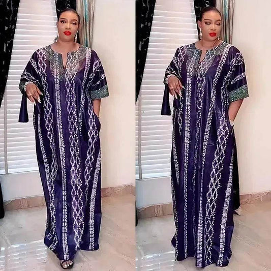 Middle East Striped Loose Robe African Dubai Arabic Satin Hot Drilling Stitching Abaya Buba Dress - Velora