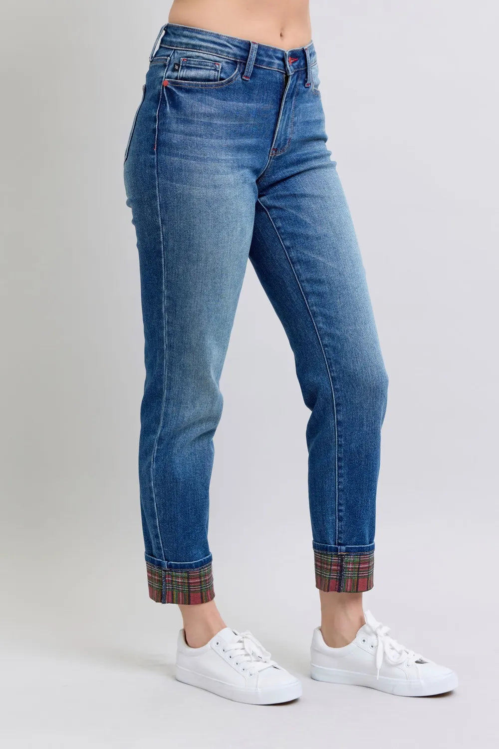 Judy Blue Full Size Plaid Print Cuff Straight Leg Jeans with Pockets - Velora