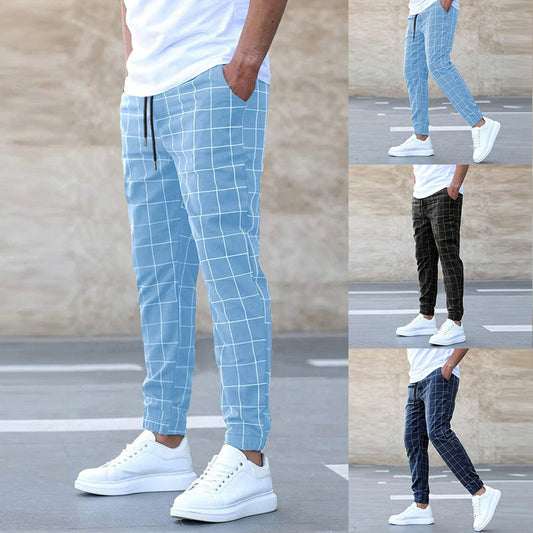 Fashion Plaid Print Pants Casual Drawstring Trousers Men's Clothing - Velora