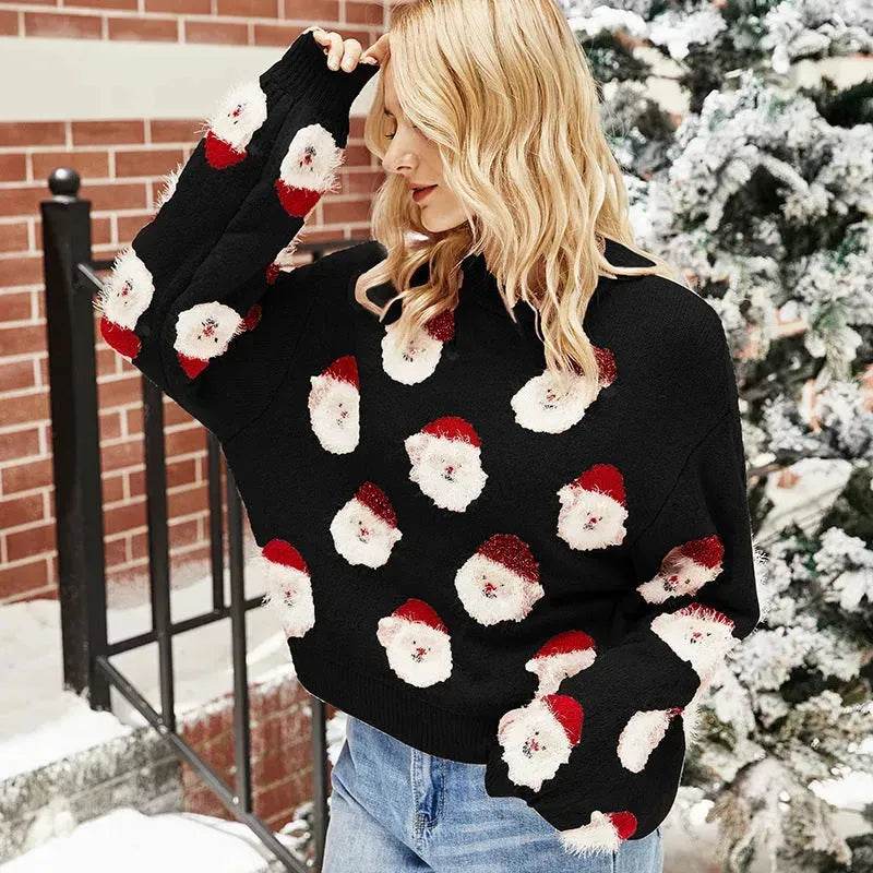 Christmas Sweater Women Cute Cartoon Santa Print Knit Sweater Winter Tops - Velora