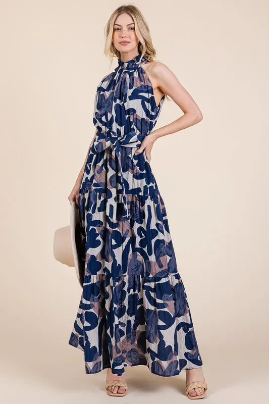 Lime 'N' Chili Abstract Halter Neck Tie-Waist Tiered Maxi Dress - Velora