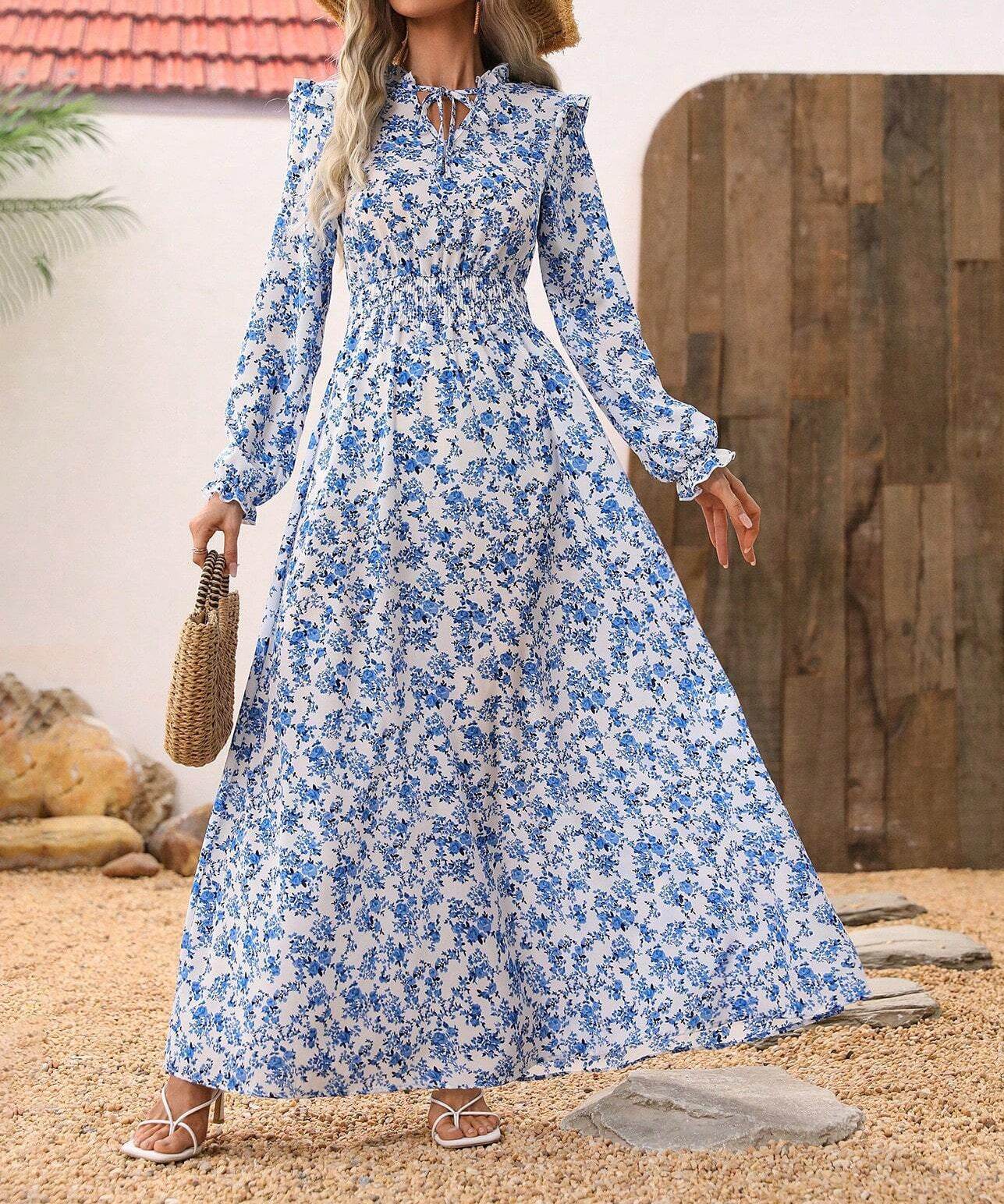 Elegant ladies Spring And Autumn Long Sleeve Floral maxi Dress - Velora