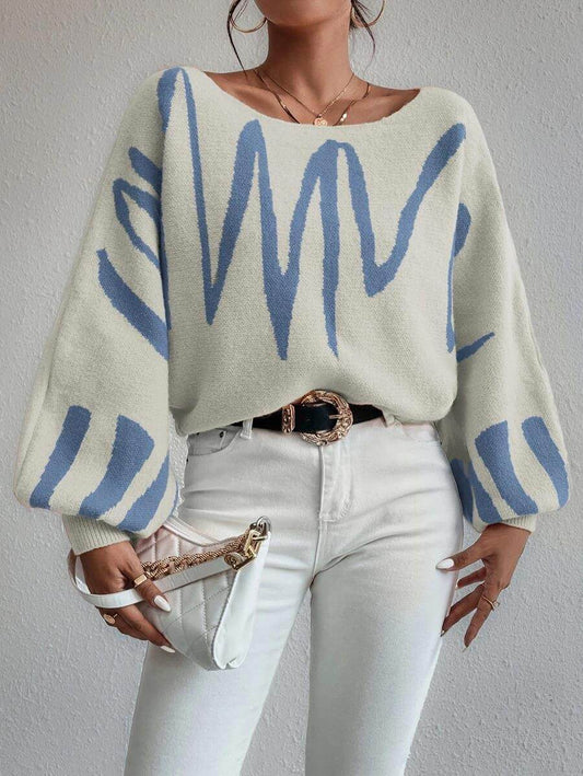 New Lantern-sleeved Pullover Sweater Fashion Line Printed Loose Tops Women's Clothing - Velora