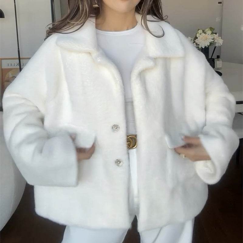 Loose Lapel Single Breasted Furry Coat Winter Fashion Fleece Long Sleeve Jacket Plush Short Top For Woman - Velora