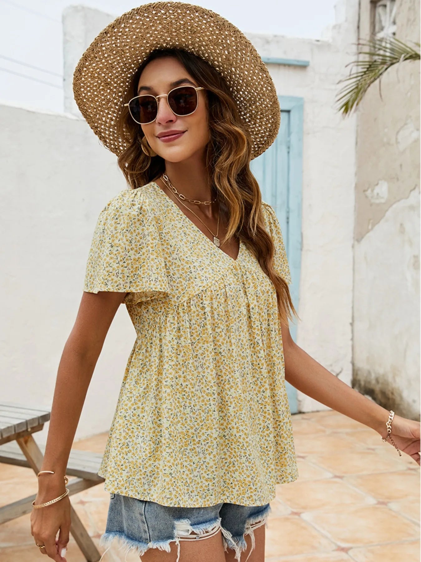 Floral Print V-neck Flutter Sleeve Babydoll Blouse - Velora