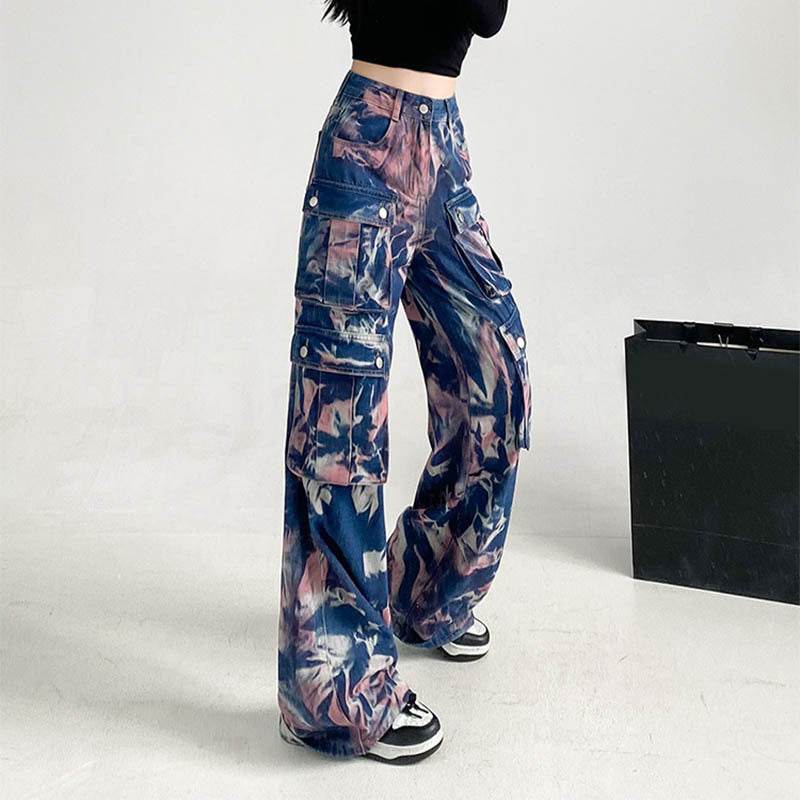 New Tie-dye Baggy CargoTrousers With Pockets Y2K Fashion High Waist Loose Wide Leg Pants Spring And Autumn - Velora