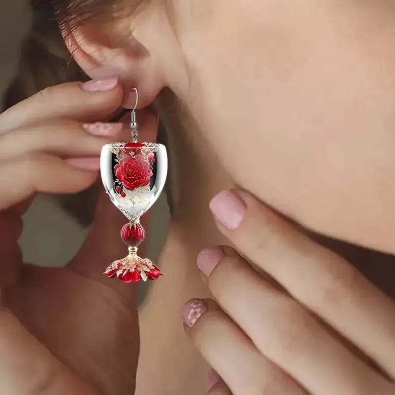 Valentine's Day Rose Wine Glass Acrylic Earrings - Velora