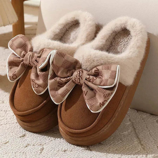Cute Bowknot Plush Slipper Winter Warm Indoor Floor Bedroom Home Slippers For Women Fashion Thick-soled Solid House Shoes - Velora