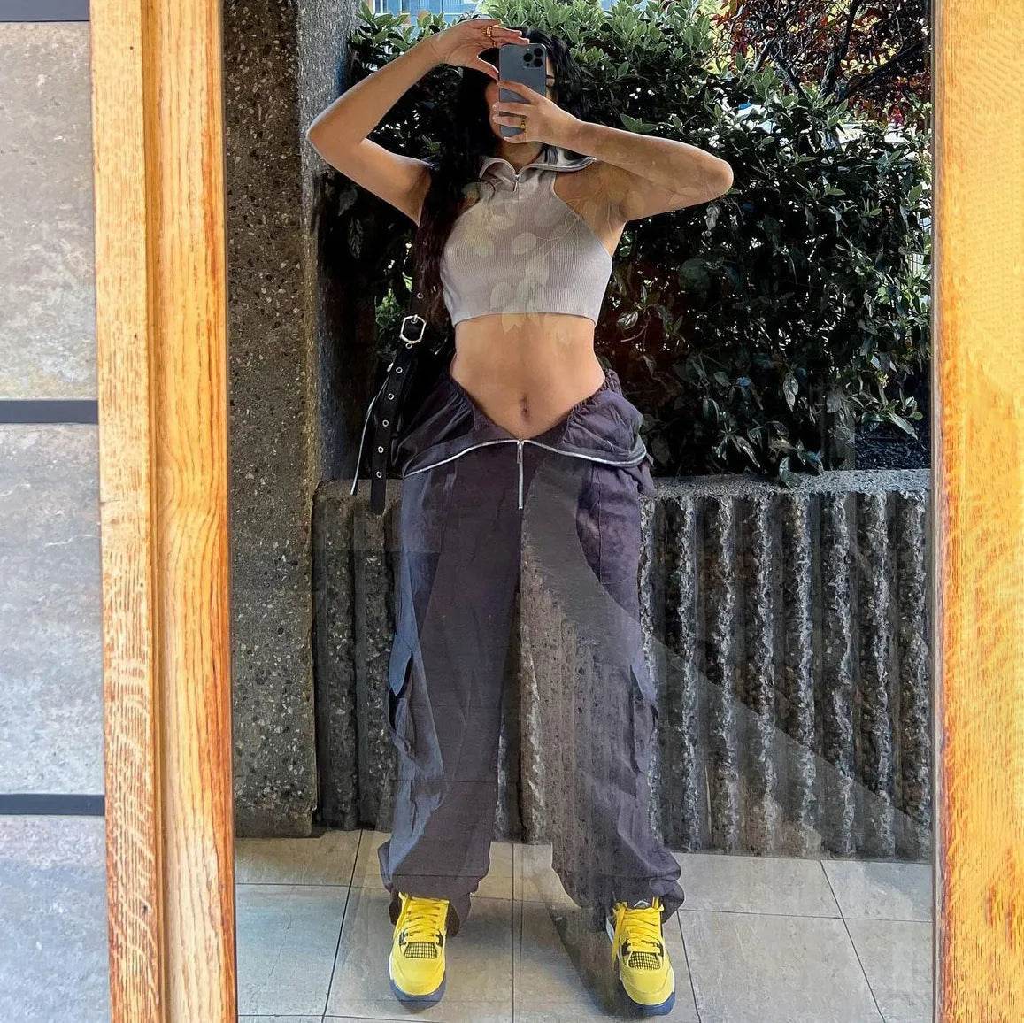 Solid Color High-waisted Zipper V Loose Straight Pocket Street fashion Cargo Pants Women - Velora