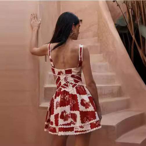 Women's Flower Print Lace Sling Dress Fashion V-neck Waist-baring Skirt Summer Clotjing - Velora