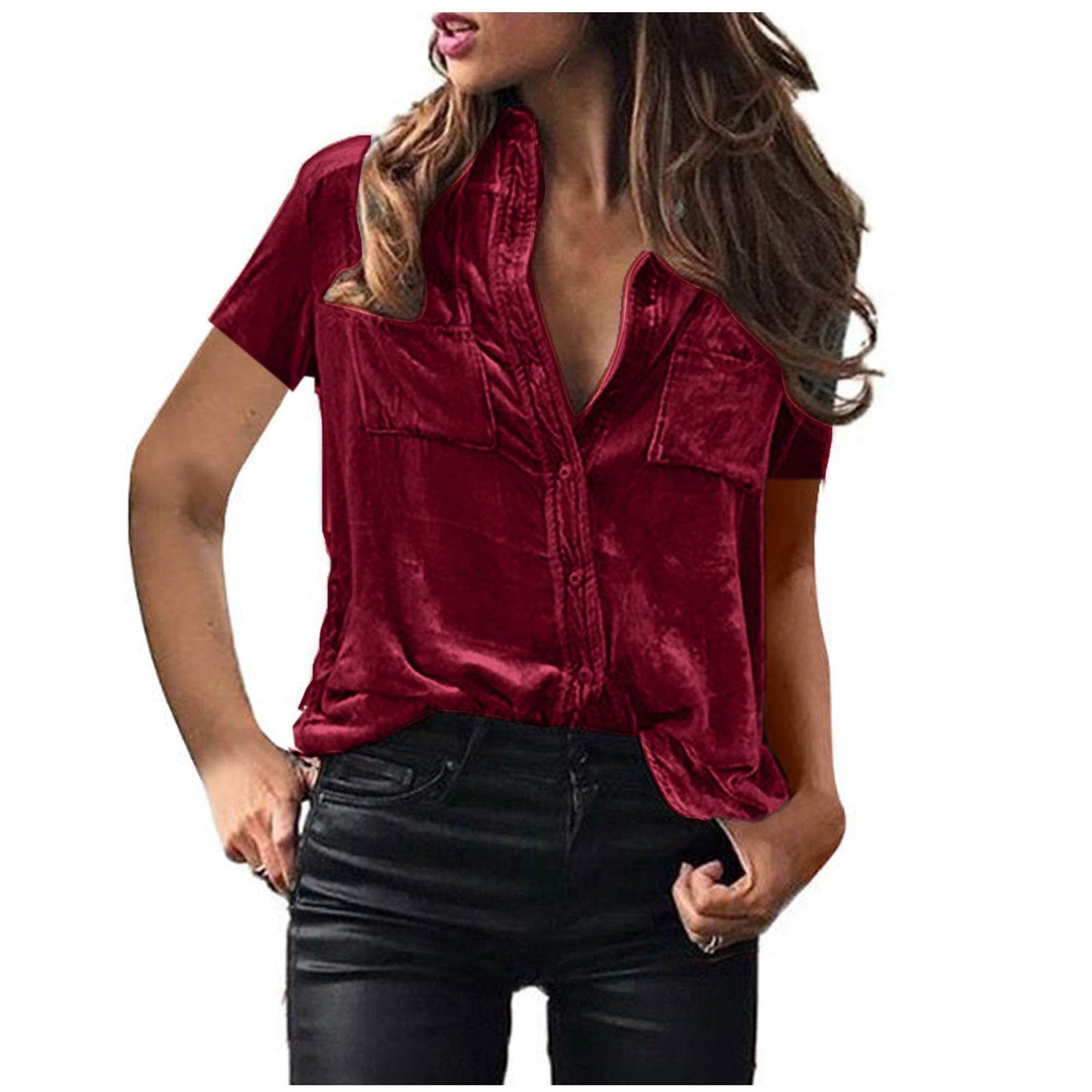 European And American Spring And Summer Pocket Short Sleeve Suede Shirt For Women - Velora